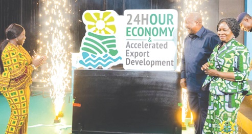 President John Mahama (2nd from right), Vice-President Prof. Naana Jane Opoku-Agyemang (right), and Elizabeth Ofosu-Agyare, Minister of Trade and Agricbusiness, applauding after unveiling the 24 HR+ logo President John Mahama (2nd from right), Vice-President Prof. Naana Jane Opoku-Agyemang (right), and Elizabeth Ofosu-Agyare, Minister of Trade and Agricbusiness, applauding after unveiling the 24 HR+ logo