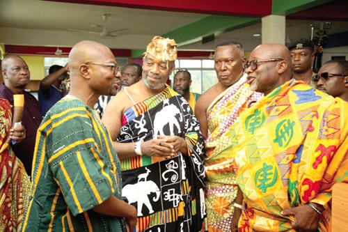 King Nii Tackie Teiko Tsuru II (2nd from left), Ga Mantse, in a conversation with Patrick Mensah (left), Headmaster of Odorgonno Senior High School, and Nii Ahene Nunoo III (right), Abola Mantse, during the inspection of the new PTA block Picture: CALEB VANDERPUYE King Nii Tackie Teiko Tsuru II (2nd from left), Ga Mantse, in a conversation with Patrick Mensah (left), Headmaster of Odorgonno Senior High School, and Nii Ahene Nunoo III (right), Abola Mantse, during the inspection of the new PTA block Picture: CALEB VANDERPUYE
