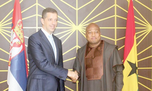 Samuel Okudzeto Ablakwa (right), the Minister of Foreign Affairs in a handshake with Marko Đurić (left), the Serbian Minister of Foreign Affairs, after the press briefing Samuel Okudzeto Ablakwa (right), the Minister of Foreign Affairs in a handshake with Marko Đurić (left), the Serbian Minister of Foreign Affairs, after the press briefing