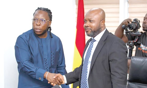 Divine Selase Agbeti (right), Director-General of the CSA, congratulating Dening Edem Hotor, the campaign’s brand ambassador, after the launch Divine Selase Agbeti (right), Director-General of the CSA, congratulating Dening Edem Hotor, the campaign’s brand ambassador, after the launch