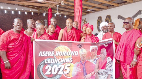 Nii Asere Boi IV (middle), Asere Mantse, Nii Kortey Boi II (2nd from left), Ofankor Mantse, and Naa Dedei Faakor III (3rd from right), Asere Manye, during the launch of the 2025 Asere Homowo Festival Nii Asere Boi IV (middle), Asere Mantse, Nii Kortey Boi II (2nd from left), Ofankor Mantse, and Naa Dedei Faakor III (3rd from right), Asere Manye, during the launch of the 2025 Asere Homowo Festival