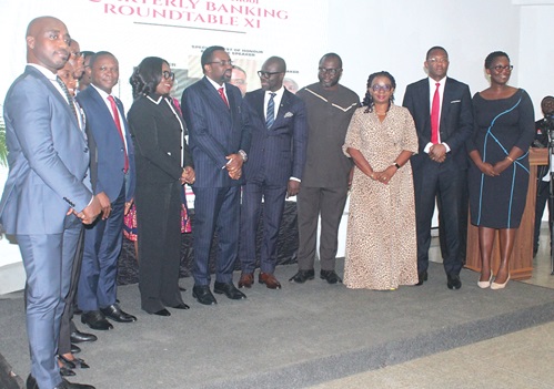 Prof. Ernest Kofi Abotsi (5th from right) Dean, UPSA Law School, interacting with Johnson Pandit Asiama (6th from right), Governor, Bank of Ghana. With them are Naana Essiful Boison (7th from right), Head of Marketing, ABSA, John Awuah (4th from right), CEO, Ghana Association of Banks, and other dignitaries. Picture: ERNEST KODZI Prof. Ernest Kofi Abotsi (5th from right) Dean, UPSA Law School, interacting with Johnson Pandit Asiama (6th from right), Governor, Bank of Ghana. With them are Naana Essiful Boison (7th from right), Head of Marketing, ABSA, John Awuah (4th from right), CEO, Ghana Association of Banks, and other dignitaries. Picture: ERNEST KODZI