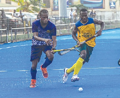 • Courage Boyefio of Exchequers (left) battles Ghana Army’s Gabriel Tetteh in last Saturday’s match • Courage Boyefio of Exchequers (left) battles Ghana Army’s Gabriel Tetteh in last Saturday’s match