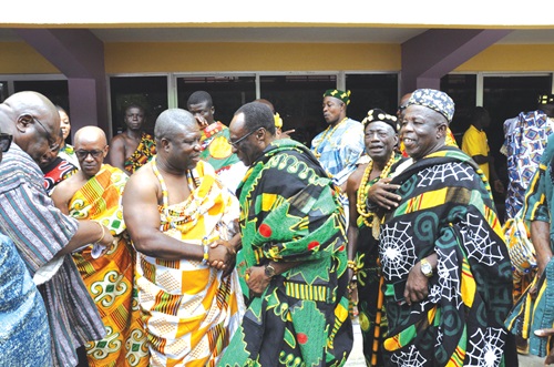 Togbe Tepre Hodo IV (in spectacles), President of the Volta Regional House of Chiefs, in a hearty handshake with James Gunu, Volta Regional Minister, after the meeting Togbe Tepre Hodo IV (in spectacles), President of the Volta Regional House of Chiefs, in a hearty handshake with James Gunu, Volta Regional Minister, after the meeting