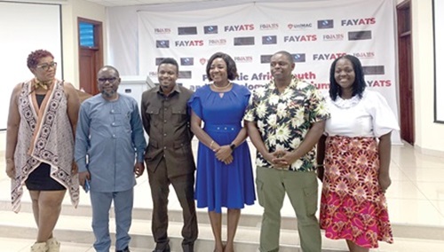Prof. Christiana Hammond (3rd from right), Rector, UniMAC, Prof. Etse Sikanku (3rd from left), acting Dean, Faculty of Journalism and Media Studies, with Mukwele Ebako, CEO, MKNet Consulting LLC, and other dignitaries after the symposium
