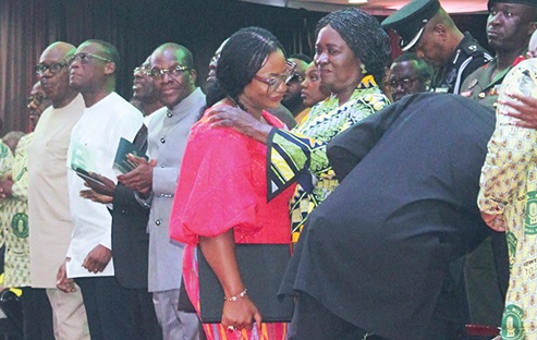 Prof. Naana Jane Opoku Agyemang (4th from left), Vice-President, congratulating Charlotte Osei (2nd from right), former Chairperson of the Electoral Commission. Looking on is Alban Bagbin (3rd from left), Speaker of Parliament Prof. Naana Jane Opoku Agyemang (4th from left), Vice-President, congratulating Charlotte Osei (2nd from right), former Chairperson of the Electoral Commission. Looking on is Alban Bagbin (3rd from left), Speaker of Parliament