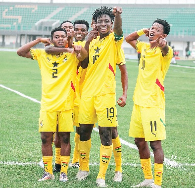 • Ghana’s two-goal hero Aziz Musibau (2nd from right) leading his teammates to celebrate their victory over Niger yesterday • Ghana’s two-goal hero Aziz Musibau (2nd from right) leading his teammates to celebrate their victory over Niger yesterday