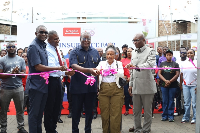 Theophilus Yartey (middle), Editor, Graphic, with Dr Abiba Zakaria (2nd from right), Commissioner of Insurance, National insurance Commission; Franklin Sowa (2nd from left), Director, Sales and Marketing, GCGL; Dr Nashiru Iddrisu (left), First Vice President, GIA, and Seth Kobla Aklasi (right), President, GIA, cutting the ribbon to open the insurance fair held in Accra. Picture: BENEDICT OBUOBI Theophilus Yartey (middle), Editor, Graphic, with Dr Abiba Zakaria (2nd from right), Commissioner of Insurance, National insurance Commission; Franklin Sowa (2nd from left), Director, Sales and Marketing, GCGL; Dr Nashiru Iddrisu (left), First Vice President, GIA, and Seth Kobla Aklasi (right), President, GIA, cutting the ribbon to open the insurance fair held in Accra. Picture: BENEDICT OBUOBI