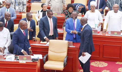 Dr Dominic Ayine (2nd from right), Attorney-General, and the other members of the Majority side of Parliament congratulating Dr Cassiel Ato Forson (right), Minister of Finance, following his budget presentation Picture: ELVIS NII NOI DOWUONA Dr Dominic Ayine (2nd from right), Attorney-General, and the other members of the Majority side of Parliament congratulating Dr Cassiel Ato Forson (right), Minister of Finance, following his budget presentation Picture: ELVIS NII NOI DOWUONA