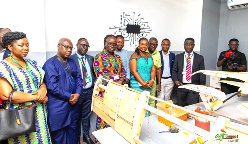 Prof. Rita Akosua Dickson (4th from left), V.C, KNUST, and some dignitaries, during the opening of the drone center at the KNUST. 