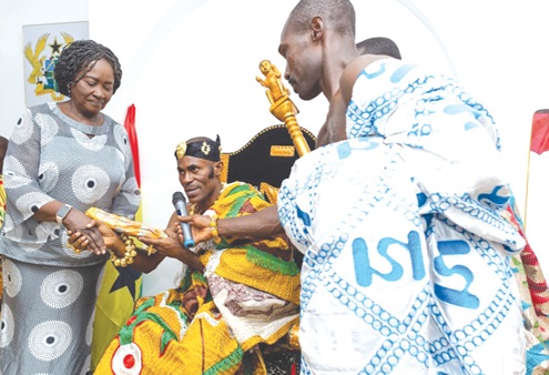Prof. Naana Jane Opoku-Agyemang, Vice-President (left), receiving a gift from Okatakyi Komeh VIII ((middle), Paramount Chief of Komenda Prof. Naana Jane Opoku-Agyemang, Vice-President (left), receiving a gift from Okatakyi Komeh VIII ((middle), Paramount Chief of Komenda