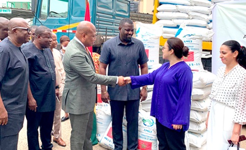 Imane Ouaadil (2nd from right), Moroccan Ambassador to Ghana, in a handshake with Samuel Okudzeto Ablakwa (4th from right), Minister of Foreign Affairs, during the donation of the fertilisers, as John Dumelo (3rd from right), Deputy Minister of Agriculture, looks on Imane Ouaadil (2nd from right), Moroccan Ambassador to Ghana, in a handshake with Samuel Okudzeto Ablakwa (4th from right), Minister of Foreign Affairs, during the donation of the fertilisers, as John Dumelo (3rd from right), Deputy Minister of Agriculture, looks on