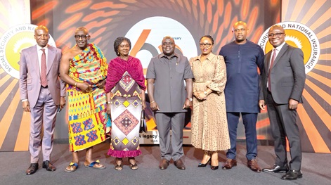 Vice-President Prof. Naana Jane Opoku-Agyemang (3rd from left); Julius Debrah, Chief of Staff, Kwesi Afreh Biney (right), Director-General, SSNIT, and Nana Ansah Sasraku III (2nd from left), the Board Chairman of SSNIT, and other dignitaries at the launch of SSNIT’s 60th anniversary