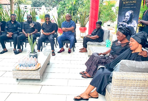 Priscilla Ofori Fosu (right), wife of the late Daddy Lumba, mourning her husband. Commiserating with her are Osei Kwame Despite (2nd from left), Founder, Despite Group; Fadda Dickson (3rd from left), General Manager, Despite Media; Fiifi Banson (4th from left), journalist, and other sympathisers. Picture: ERNEST KODZI