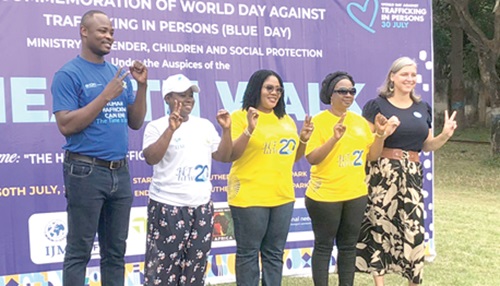 Dr Agnes Naa Momo Lartey (middle), Minister for Gender, Children and Social Protection, with Dr Afisah Zakariah (2nd from right), Chief Director of MOGCSP; Christin Lucille McConnell (right), Chief of Education at UNICEF Ghana, and partners during the commemoration of world day against human trafficking