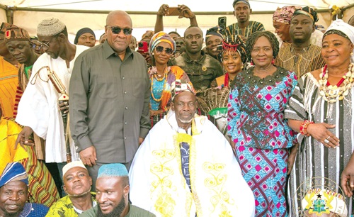 President John Dramani Mahama (left), and Vice-President Prof. Naana Jane Opoku-Agyemang, with Gonja King Yagbonwura Bii-Kunuto Jewu Soale I (middle) and other dignitaries during his visit to the Jubilee House President John Dramani Mahama (left), and Vice-President Prof. Naana Jane Opoku-Agyemang, with Gonja King Yagbonwura Bii-Kunuto Jewu Soale I (middle) and other dignitaries during his visit to the Jubilee House