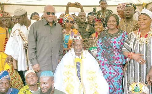 President John Dramani Mahama (left), and Vice-President Prof. Naana Jane Opoku-Agyemang, with Gonja King Yagbonwura Bii-Kunuto Jewu Soale I (middle) and other dignitaries during his visit to the Jubilee House President John Dramani Mahama (left), and Vice-President Prof. Naana Jane Opoku-Agyemang, with Gonja King Yagbonwura Bii-Kunuto Jewu Soale I (middle) and other dignitaries during his visit to the Jubilee House