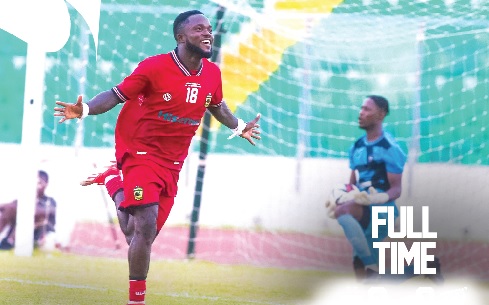 • Kotoko’s Albert Amoah celebrating one of his three goals scored yesterdasy