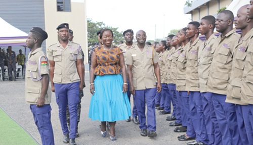 Elizabeth Ofosu-Adjare (arrowed), Minister of Trade, Agribusiness and Industry, inspecting a guard of honour mounted by the Trading Standards Inspectors