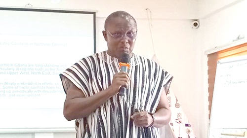 Rev. Fr Thaddeus Kuusah (inset), former Executive Secretary of the National Peace Council for the Northern Region, facilitating the forum