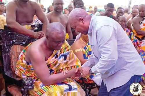 President John Dramani Mahama (right) exchanging pleasantries with Osagyefo Oseadeeyo Agyemang Badu, President of the Bono Regional House of Chiefs, during the visit President John Dramani Mahama (right) exchanging pleasantries with Osagyefo Oseadeeyo Agyemang Badu, President of the Bono Regional House of Chiefs, during the visit