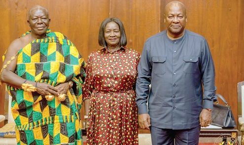 Otumfuo Osei Tutu II (left), the Asantehene; Prof. Naana Jane Opoku-Agyemang (middle), Vice-President, and President John Dramani Mahama after the meeting Otumfuo Osei Tutu II (left), the Asantehene; Prof. Naana Jane Opoku-Agyemang (middle), Vice-President, and President John Dramani Mahama after the meeting