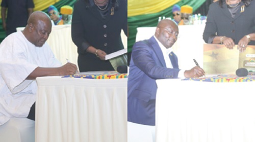 President John Mahama (left) and Dr Muhamudu Bawwumia, former Vice-President, signing a peace pact ahead of the 2024 general  election
