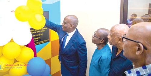 Haruna Iddrisu (left), Education Minister, unveiling the plaque to inaugurate the conference facility (inset), while Paul Effah (2nd from left), former Executive Secretary, NCTE, and Prof. Mahama Duwiejua, Council Chairman of GTEC, look on Haruna Iddrisu (left), Education Minister, unveiling the plaque to inaugurate the conference facility (inset), while Paul Effah (2nd from left), former Executive Secretary, NCTE, and Prof. Mahama Duwiejua, Council Chairman of GTEC, look on