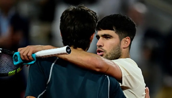 Carlos Alcaraz (right) has won all three of his matches against Lorenzo Musetti this season Carlos Alcaraz (right) has won all three of his matches against Lorenzo Musetti this season