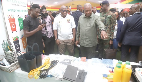 President John Dramani Mahama (3rd from left) inspecting an exhibition of environmentally friendly products after the launch of the 2025 World Environment Day in Accra. With him is Ibrahim Murtala Mohammed (2nd from left), Minister of Environment, Science and Technology. Picture: SAMUEL TEI ADANO President John Dramani Mahama (3rd from left) inspecting an exhibition of environmentally friendly products after the launch of the 2025 World Environment Day in Accra. With him is Ibrahim Murtala Mohammed (2nd from left), Minister of Environment, Science and Technology. Picture: SAMUEL TEI ADANO