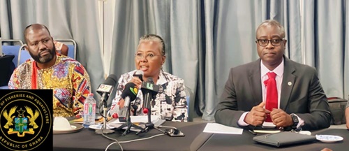 Emelia Arthur (middle), Minister of Fisheries and Aquaculture, making a presentation. On the right is Dr Godfred Seidu Jasaw, Chair, Parliamentary Select Committee on Food, Agriculture and Cocoa Affairs Emelia Arthur (middle), Minister of Fisheries and Aquaculture, making a presentation. On the right is Dr Godfred Seidu Jasaw, Chair, Parliamentary Select Committee on Food, Agriculture and Cocoa Affairs