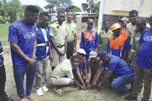 Killian Donkor (2nd from right), Kpando MCE; Maxwell Zu-Cudjoe (right), Regional Director of EPA; Togbi Bediaku VIII (2nd from left) and some officials of the EPA; some workers of Zoomlion and some students of Bishop Herman College, Kpando, taking part in a tree planting exercise on the compound Killian Donkor (2nd from right), Kpando MCE; Maxwell Zu-Cudjoe (right), Regional Director of EPA; Togbi Bediaku VIII (2nd from left) and some officials of the EPA; some workers of Zoomlion and some students of Bishop Herman College, Kpando, taking part in a tree planting exercise on the compound