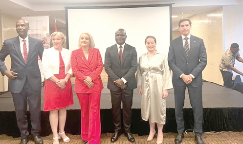 Simone Giger (3rd from left), Swiss Ambassador to Ghana, with Ahmed Ibrahim (3rd from right), Minister of Local Government, Chieftaincy and Religious Affairs; Patrick Nomo (left), Chief Director, Ministry of Finance, and other officials at the launch of SECO Ghana Cooperation Programme Simone Giger (3rd from left), Swiss Ambassador to Ghana, with Ahmed Ibrahim (3rd from right), Minister of Local Government, Chieftaincy and Religious Affairs; Patrick Nomo (left), Chief Director, Ministry of Finance, and other officials at the launch of SECO Ghana Cooperation Programme