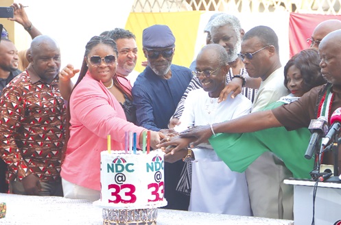Johnson Asiedu Nketiah (middle), National Chairman, National Democratic Congress, being assisted by Fifi Fiavi Kwetey (3rd from right), General Secretary; Barbara Serwaa Asamoah (2nd from right), Deputy General Secretar, and some party executives to cut the cake to mark the 33rd anniversary of the party. Picture: ELVIS NII NOI DOWUONA Johnson Asiedu Nketiah (middle), National Chairman, National Democratic Congress, being assisted by Fifi Fiavi Kwetey (3rd from right), General Secretary; Barbara Serwaa Asamoah (2nd from right), Deputy General Secretar, and some party executives to cut the cake to mark the 33rd anniversary of the party. Picture: ELVIS NII NOI DOWUONA