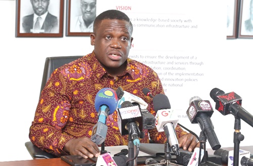 Samuel Nartey George, Minister of Communication, Technology and Innovations, addressing the press Samuel Nartey George, Minister of Communication, Technology and Innovations, addressing the press