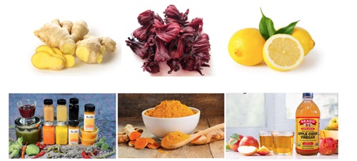 Ginger, hibiscus (sobolo), lemon, popular ingredients, tumeric, apple cider vinegar Ginger, hibiscus (sobolo), lemon, popular ingredients, tumeric, apple cider vinegar