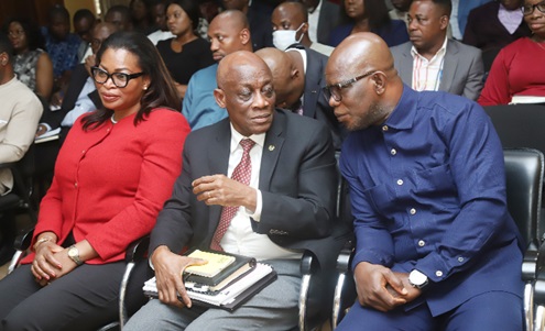 Seth Terkper (2nd from right), Presidential Advisor on Economy, conferring with Prof. Michael Kpessah-Whyte (right), Director-General, SIGA, at a meeting on performance contracts with some Specified Entities in Accra. With them is Millicent Atuguba (left), acting General Manager, SIGA. Picture: SAMUEL TEI ADANO Seth Terkper (2nd from right), Presidential Advisor on Economy, conferring with Prof. Michael Kpessah-Whyte (right), Director-General, SIGA, at a meeting on performance contracts with some Specified Entities in Accra. With them is Millicent Atuguba (left), acting General Manager, SIGA. Picture: SAMUEL TEI ADANO