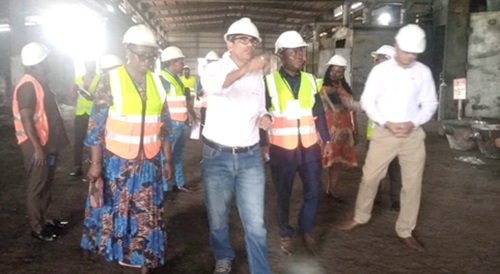 Sampson Ahi (2nd from right), Deputy Minister of Trade, Agribusiness and Industries, being conducted round the factory floor by Manish Kumar Jangir (2nd from left), Director, Recyclers Ghana Ltd. Sampson Ahi (2nd from right), Deputy Minister of Trade, Agribusiness and Industries, being conducted round the factory floor by Manish Kumar Jangir (2nd from left), Director, Recyclers Ghana Ltd.