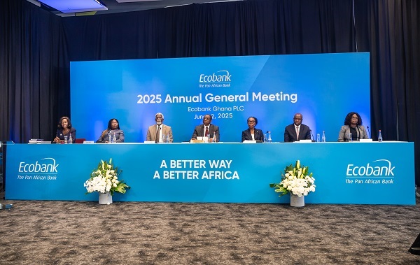 Dr Awuraa Abena Asafo-Boakye (left), Company Secretary, Ecobank Ghana PLC; Samuel Ashitey Adjei (4th from left), Board Chairman; Abena Osei-Poku, MD, and other members of the board at the AGM Ecobank remains well positioned for the future — Board Chairman assures