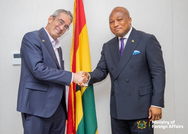 Foreign Minister Samuel Okudzeto Ablakwa in a diplomatic handshake with Israeli Ambassador Roey Gilad during a meeting at the Ministry of Foreign Affairs in Accra. Foreign Minister Samuel Okudzeto Ablakwa in a diplomatic handshake with Israeli Ambassador Roey Gilad during a meeting at the Ministry of Foreign Affairs in Accra.