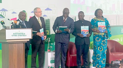 Ahmed Ibrahim (3rd from right), Minister of Local Government, Chieftaincy and Religious Affairs, and Rita Odoley Sowah, (right) his deputy, supported by other dignitaries at the launch of the document Ahmed Ibrahim (3rd from right), Minister of Local Government, Chieftaincy and Religious Affairs, and Rita Odoley Sowah, (right) his deputy, supported by other dignitaries at the launch of the document