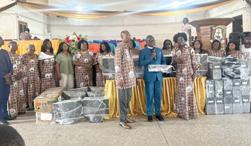 Rev. Richard Koranteng Afari (middle), Headmaster of the school, thanking the year group, while Patience Mensah Nunoo (right), President of the Adehye group, looks on Rev. Richard Koranteng Afari (middle), Headmaster of the school, thanking the year group, while Patience Mensah Nunoo (right), President of the Adehye group, looks on