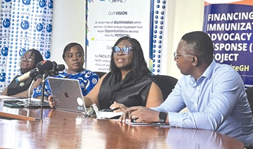 Cecelia Lodonu-Senoo (2nd from right), Executive Director for HFFG, speaking at the press conference. With her is Nancy Ansah (2nd from left), Director of Programmes, HFFG
