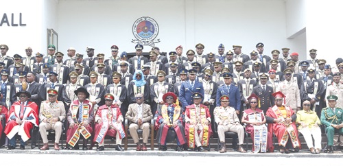 Brigadier General Mike Akpatsu Jnr (Rtd) [5th from left], former Assistant Commandant, GAFCSC, with Brigadier General Jackson Wonje (4th from left), acting Commandant, GAFCSC; Air Vice Marshall Felix Asante (6th from left), President, National Defence University, and the graduates. Picture: BENEDICT OBUOBI