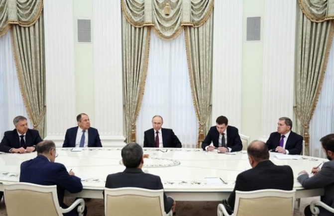 [1/2] Russian President Vladimir Putin attends a meeting with Iranian Foreign Minister Abbas Araqchi, as Head of the Russian General Staff's Main Intelligence Directorate Igor Kostyukov, Russian Foreign Minister Sergei Lavrov and Presidential Aide Yury Ushakov sit nearby, at the Kremlin in Moscow, Russia June 23, 2025. Sputnik/Alexander Kazakov/Pool via REUTERS Purchase Licensing Rights