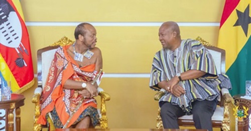 President John Mahama (right) in a chat with King Mswati III of the Kingdom of Eswatini at the Jubilee House President John Mahama (right) in a chat with King Mswati III of the Kingdom of Eswatini at the Jubilee House