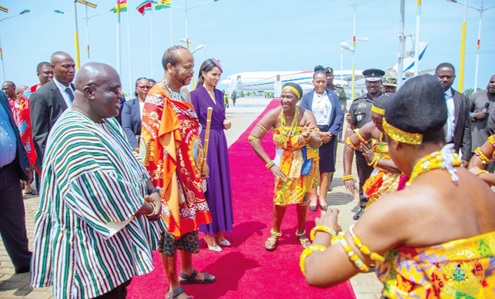 King Mswati III (2nd from left), Leader of the Kingdom of Eswatini, and his entourage being welcomed with a cultural dance on their arrival at the Kotoka International Airport after being received by Julius Debrah (left), Chief of Staff at the Presidency King Mswati III (2nd from left), Leader of the Kingdom of Eswatini, and his entourage being welcomed with a cultural dance on their arrival at the Kotoka International Airport after being received by Julius Debrah (left), Chief of Staff at the Presidency