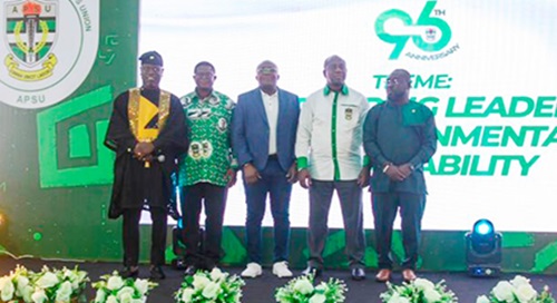 From right; Roland Baah Teye, Convener of the 2001 year group, Dr Ernest Anthony Osei, President of APSU Global; James Ato Orleans-Lindsay, President GREDA and CCTU Chancellor; Rev. Dr Patrick Godfred Appiah, Headmaster, and Nathaniel Attoh, old student and MC of the event