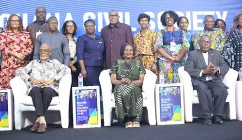 Professor Naana Jane Opoku-Agyemang (seated middle), Vice-president, with Dr Nii Moi Thompson (seated right), Chairman, NDPC, and Professor Akilagpa Sawyerr (seated left) at the civil society forum in Accra. Behind them are other invited guests. Picture: BENEDICT OBUOBI Professor Naana Jane Opoku-Agyemang (seated middle), Vice-president, with Dr Nii Moi Thompson (seated right), Chairman, NDPC, and Professor Akilagpa Sawyerr (seated left) at the civil society forum in Accra. Behind them are other invited guests. Picture: BENEDICT OBUOBI
