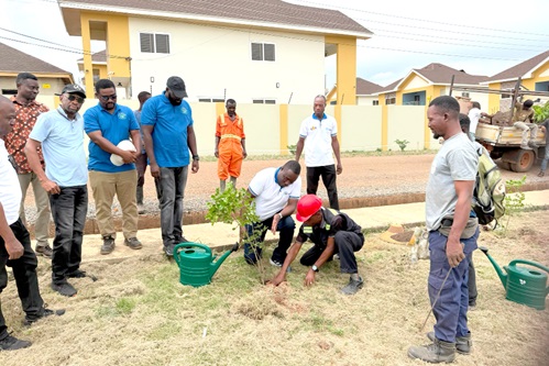 Dr Joseph M.K. Ayiku (arrowed), Chief Executive Officer of Lakeside Estate Limited, led staff of the company to plant trees to mark green Ghana day